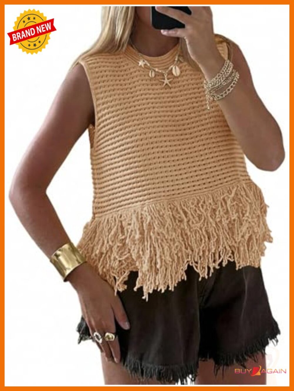 Crochet Crop Tank Top Sleeveless Fringe Crew Neck Boho Knit Summer Vest